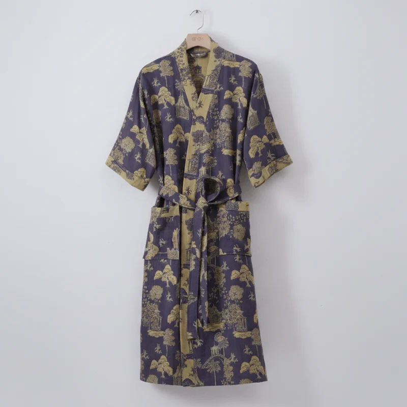 Euroselle Organic Cotton Kimono Bathrobe With Breathable Double Gauze And Relaxed Fit