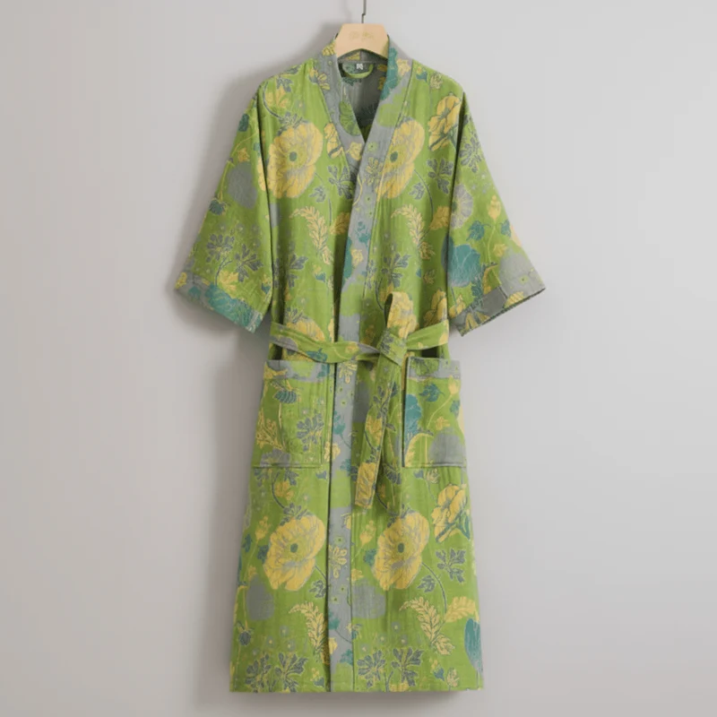 Euroselle Organic Cotton Kimono Bathrobe With Breathable Double Gauze And Relaxed Fit