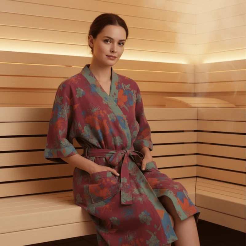 Euroselle Organic Cotton Kimono Bathrobe With Breathable Double Gauze And Relaxed Fit