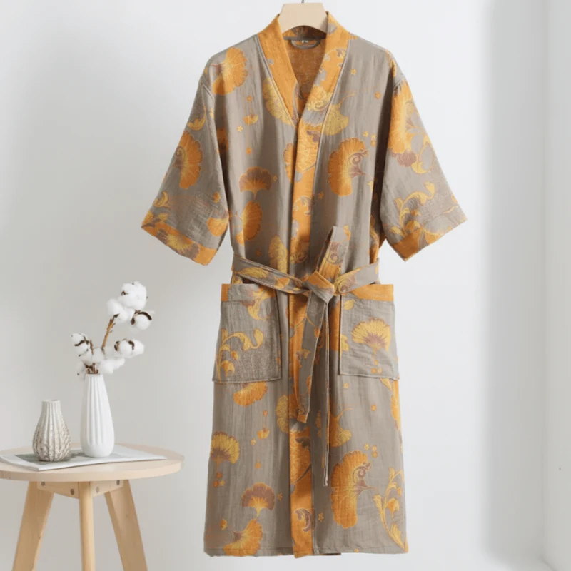 Euroselle Organic Cotton Kimono Bathrobe With Breathable Double Gauze And Relaxed Fit