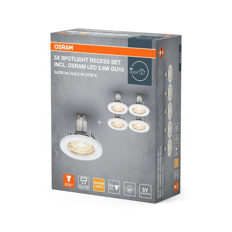 OSRAM Spot Einbauleuchten im 5er-Pack, Ø 80mm, inkl. 5x GU10-OSRAM Leuchtmittel (5x 2.6W), weiß, metallisches Gehäuse, IP20-Schutz