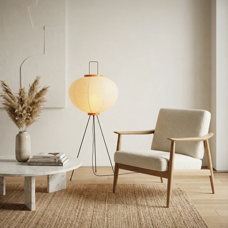 Handcrafted Rice Paper Lampshade On A Slim Floor Lamp For Ambient Light Euroselle