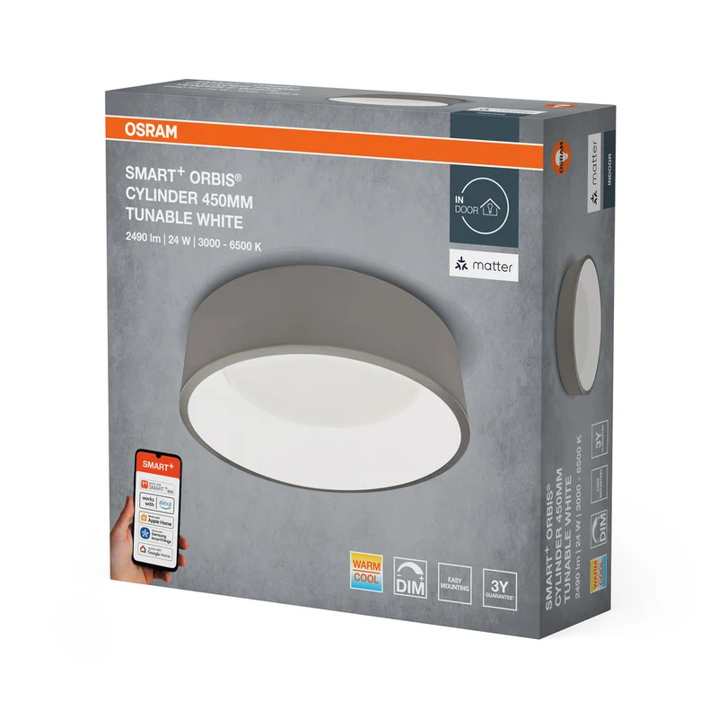 OSRAM Matter SMART+ Orbis Cylinder LED Deckenleuchte Tunable Weiß 45cm 24W / 3000-6500K Grau