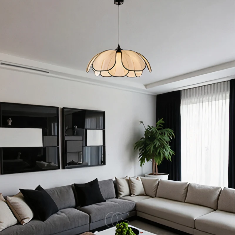 Euroselle Flower Shaped Rattan Pendant Lamp With Black Accents