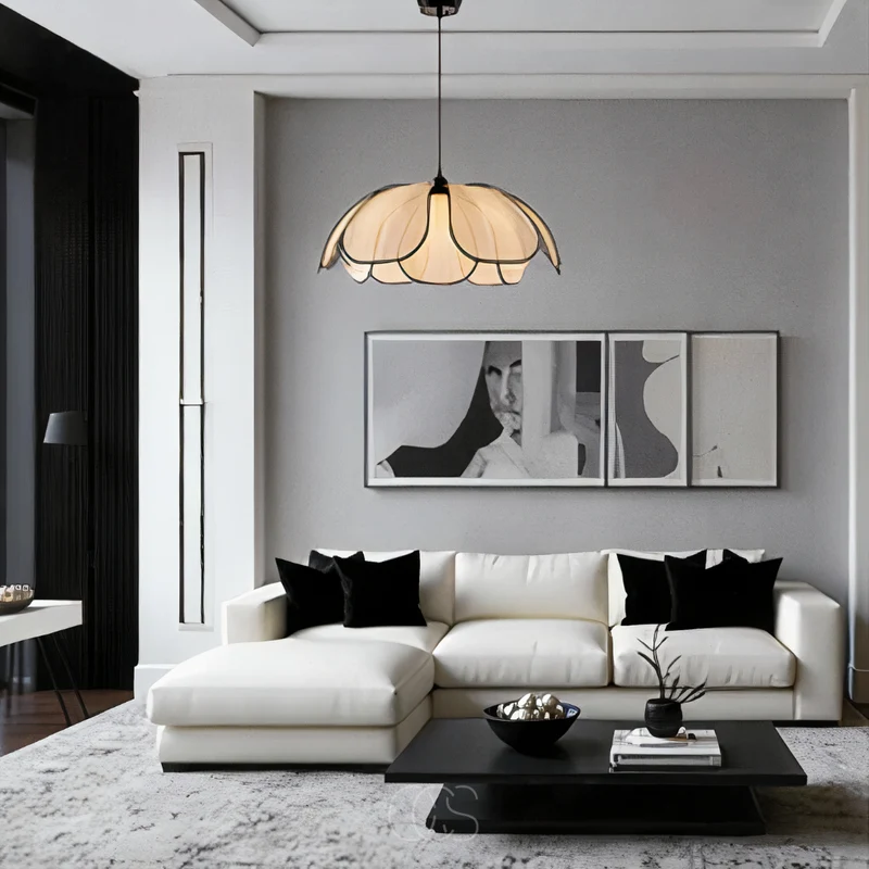 Euroselle Flower Shaped Rattan Pendant Lamp With Black Accents