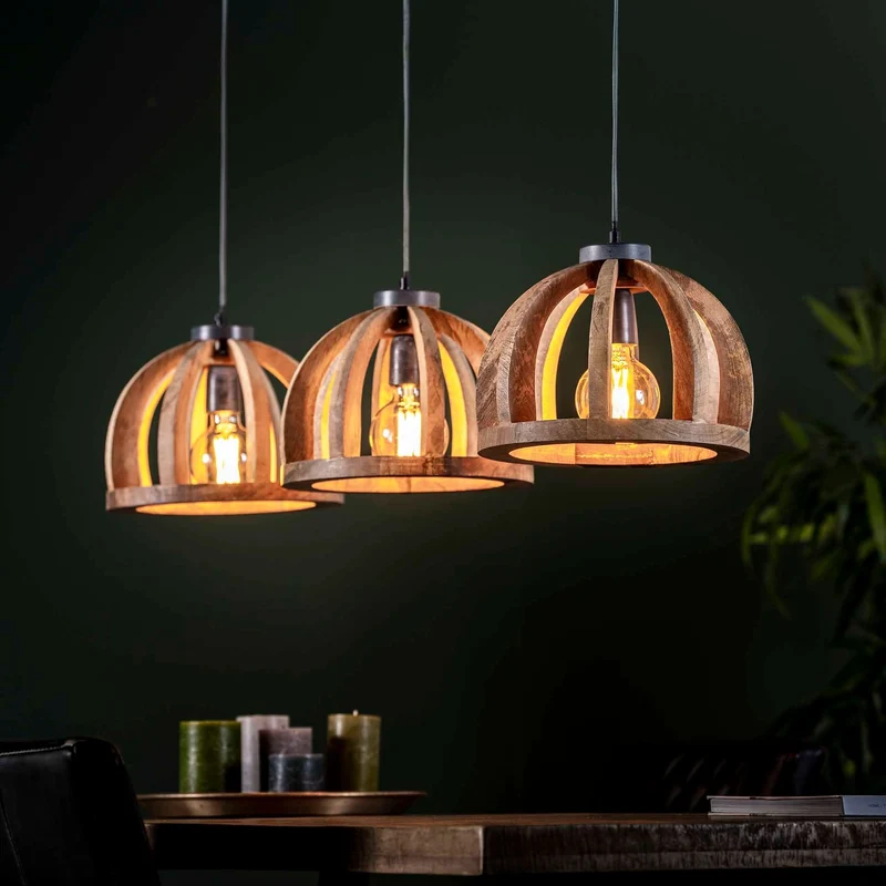 Hängelampe 3x Ø30 gebogene Holzstangen – Massiv mango Natur