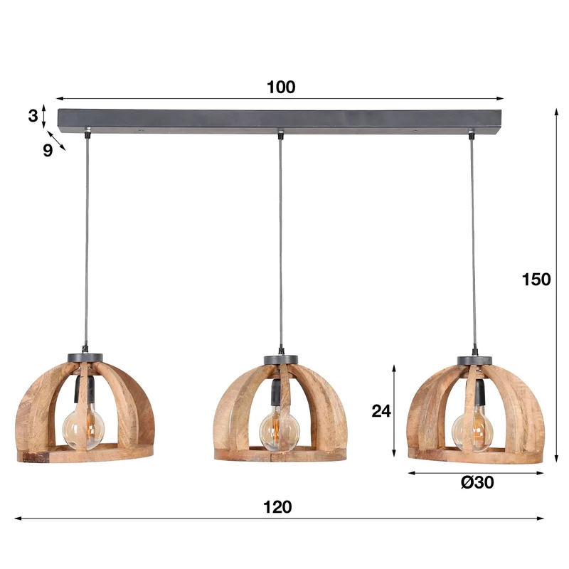 Hängelampe 3x Ø30 gebogene Holzstangen – Massiv mango Natur