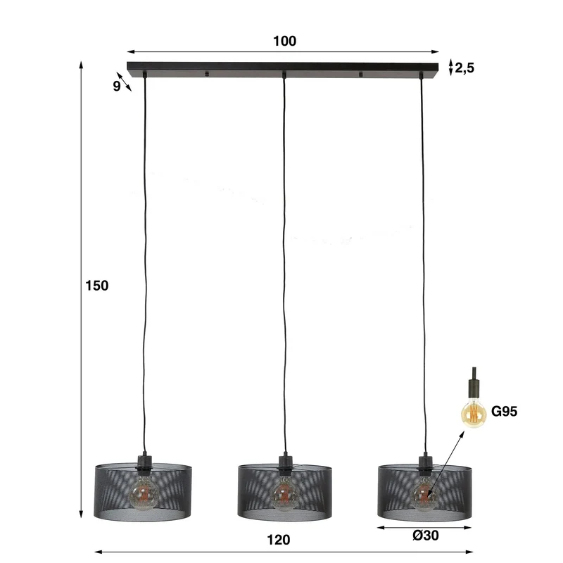 Hängelampe 3L mesh round – Artic schwarz