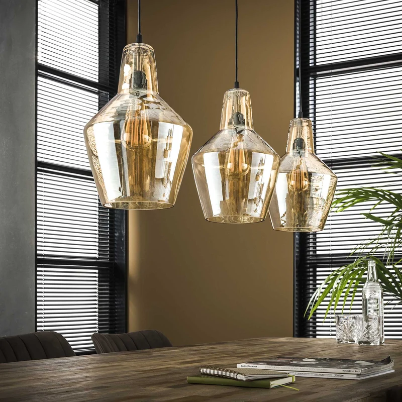 Hängelampe 3L Braunglaskegel – Altsilber – Alt Silber Finish