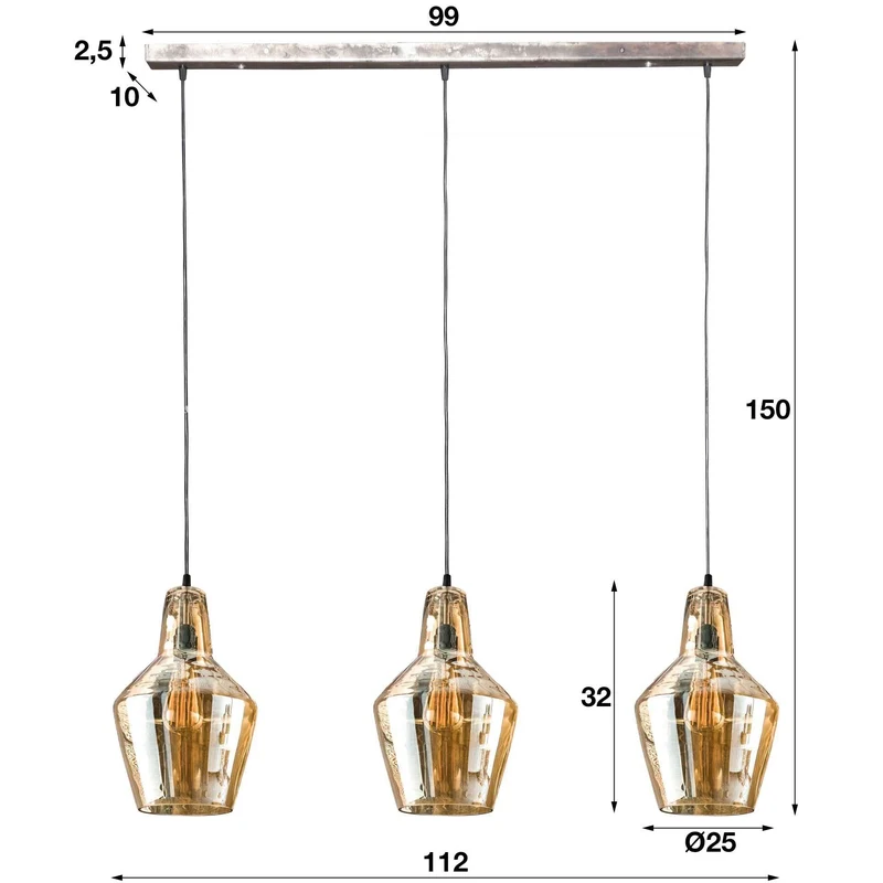 Hängelampe 3L Braunglaskegel – Altsilber – Alt Silber Finish