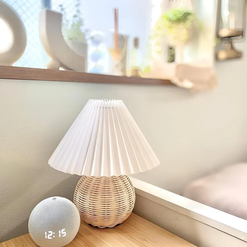 Euroselle Woven Rattan LED Table Lamp With Pleated Shade Plug-In Bedside Light