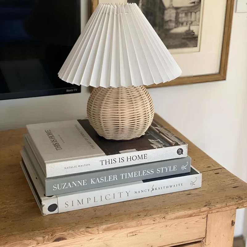 Euroselle Woven Rattan LED Table Lamp With Pleated Shade Plug-In Bedside Light