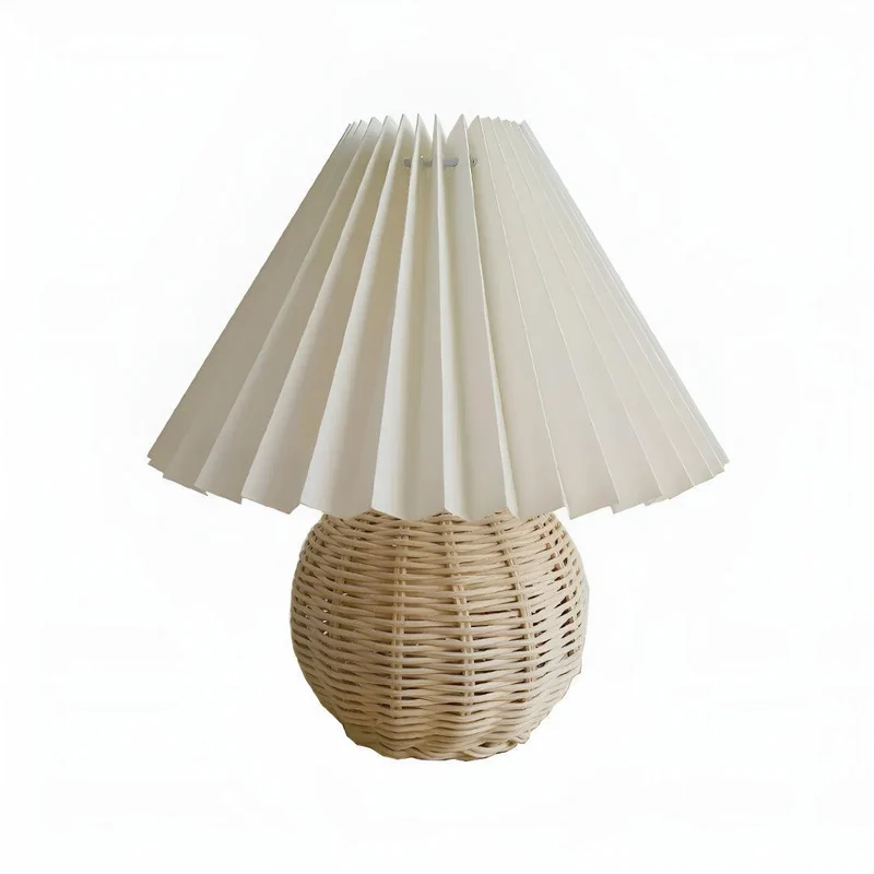 Euroselle Woven Rattan LED Table Lamp With Pleated Shade Plug-In Bedside Light