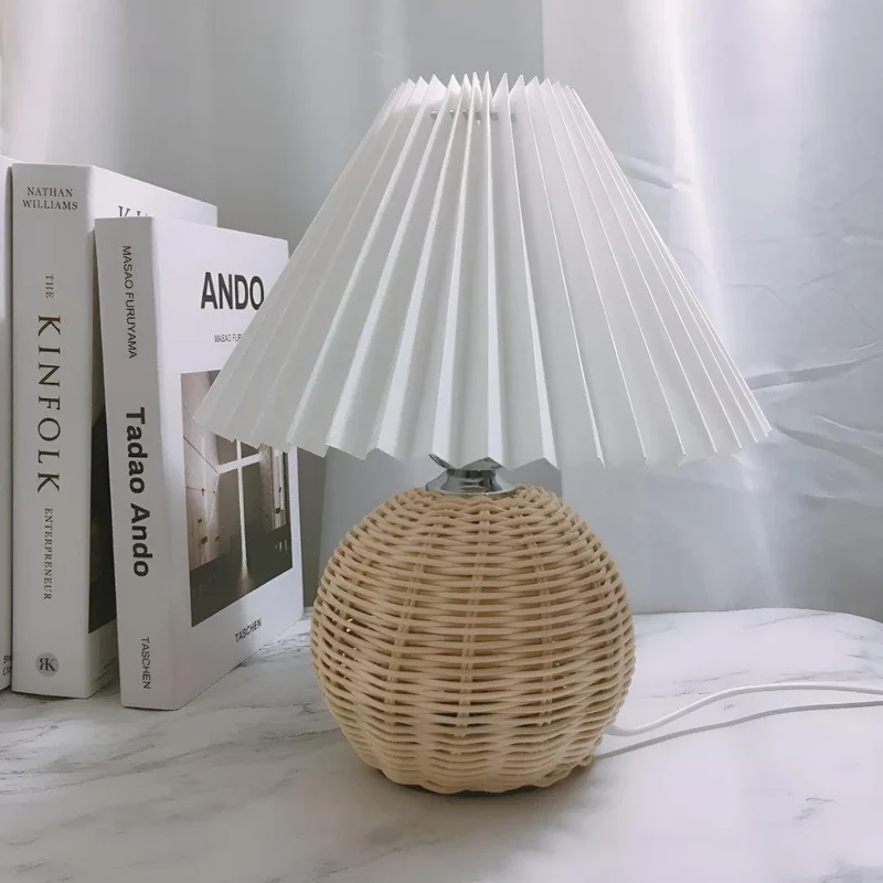 Euroselle Woven Rattan LED Table Lamp With Pleated Shade Plug-In Bedside Light