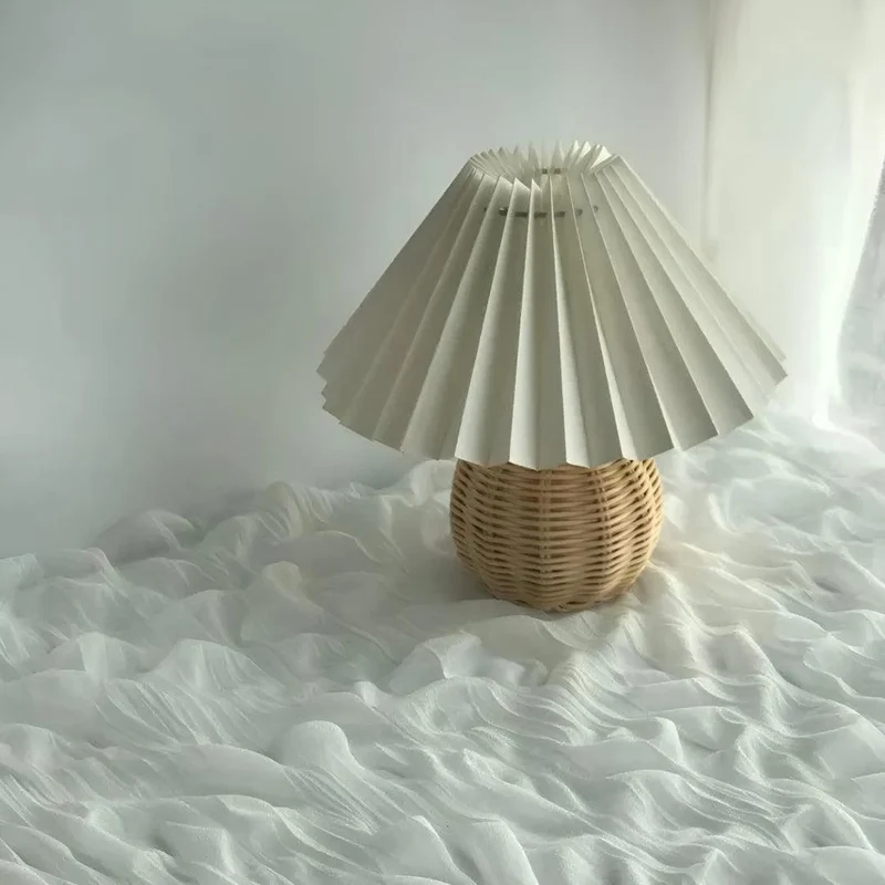 Euroselle Woven Rattan LED Table Lamp With Pleated Shade Plug-In Bedside Light