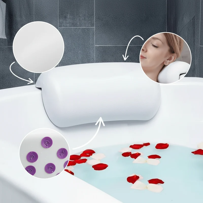 Euroselle Waterproof Tub Pillow Ergonomic Non Slip Bath Comfort Support