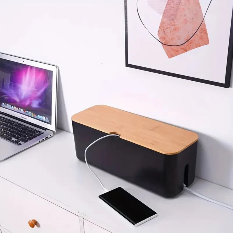 Euroselle Elegant Bamboo Cable Management Box For Office And Home Use