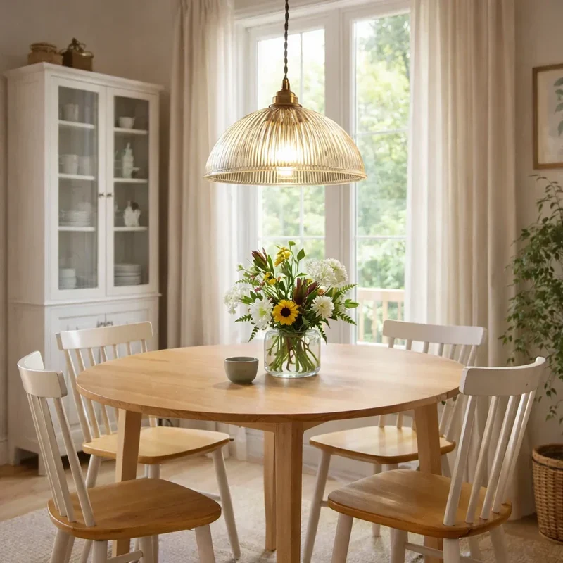 Euroselle Industrial Farmhouse Pendant Light With Ribbed Glass Dome