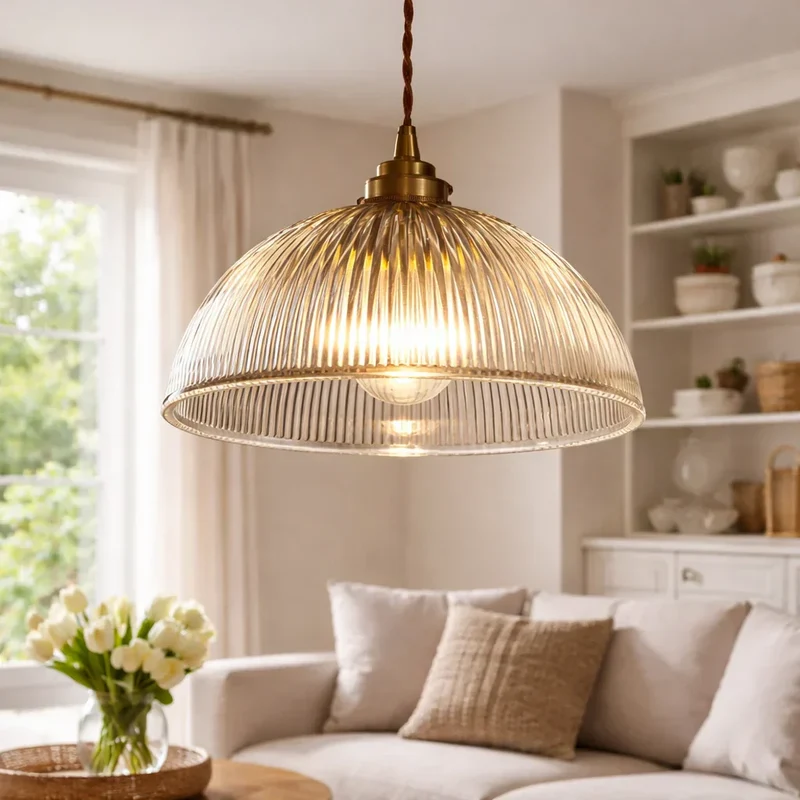 Euroselle Industrial Farmhouse Pendant Light With Ribbed Glass Dome