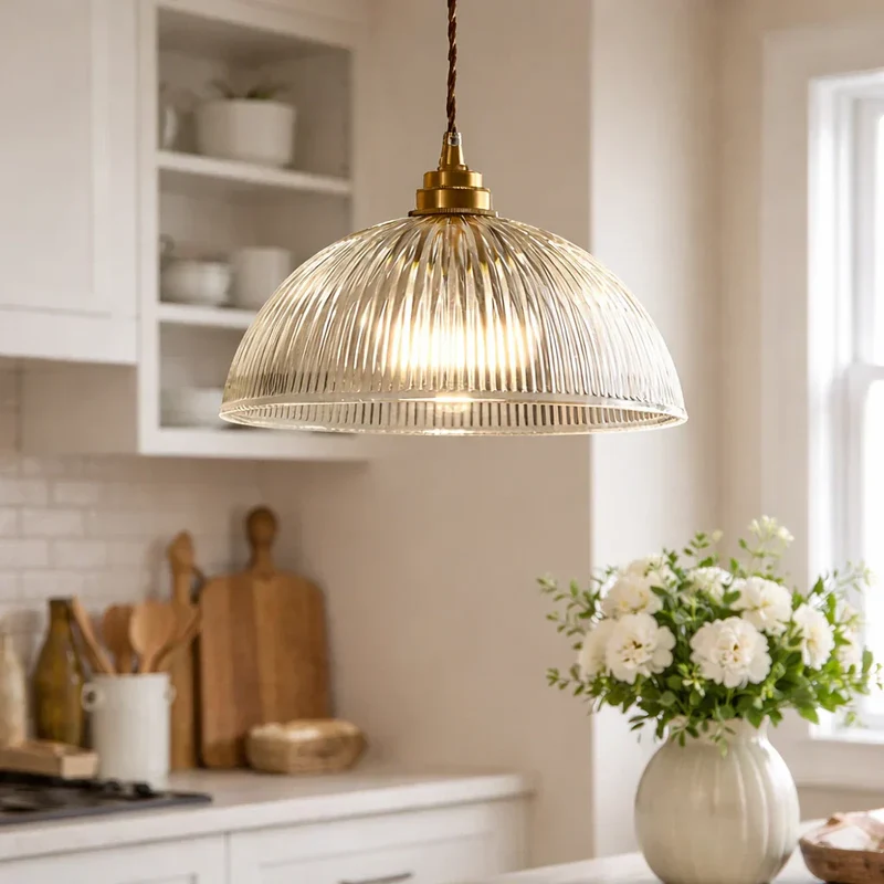 Euroselle Industrial Farmhouse Pendant Light With Ribbed Glass Dome