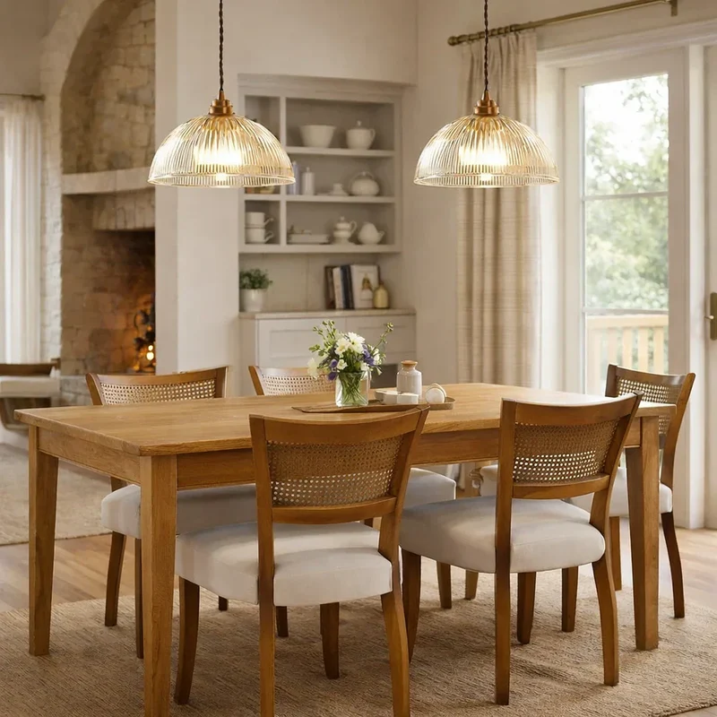 Euroselle Industrial Farmhouse Pendant Light With Ribbed Glass Dome