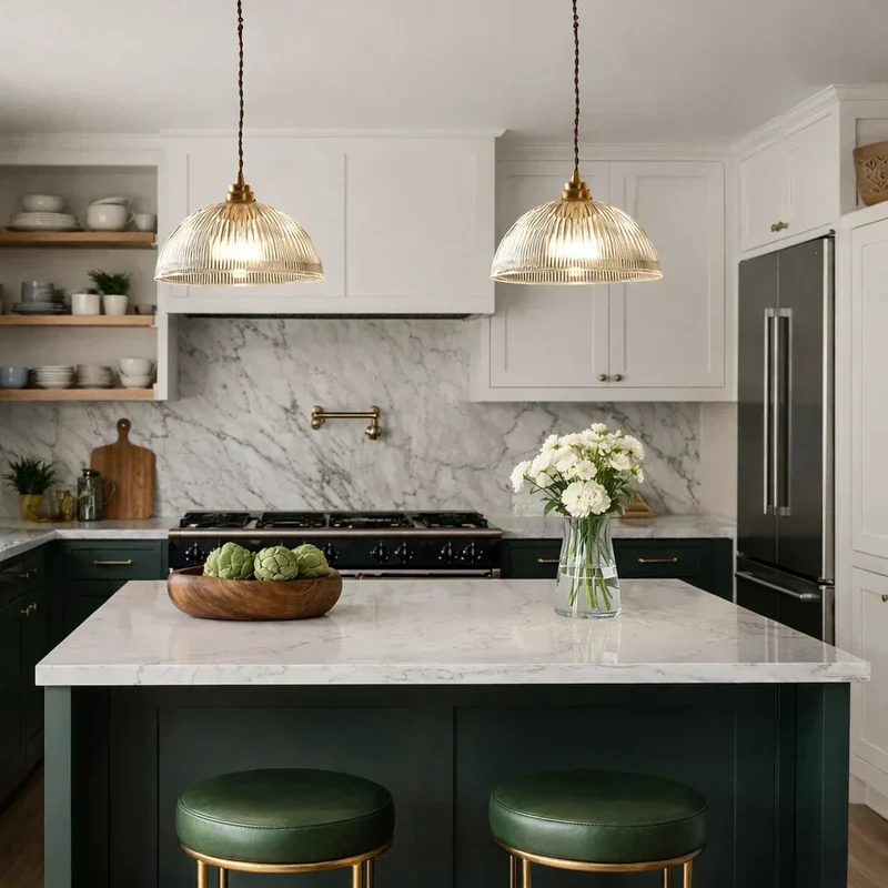 Euroselle Industrial Farmhouse Pendant Light With Ribbed Glass Dome
