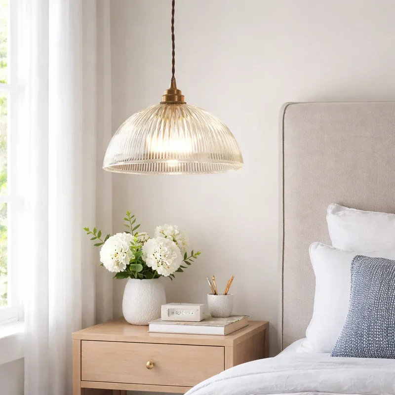 Euroselle Industrial Farmhouse Pendant Light With Ribbed Glass Dome