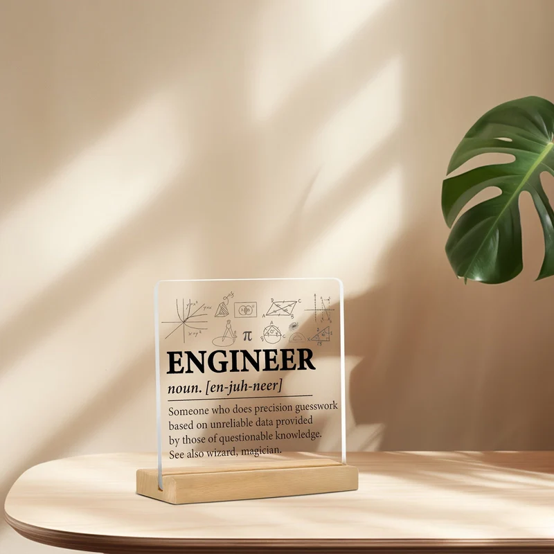 Euroselle Minimalist Flat Acrylic Nameplate With Wooden Stand for Desk and Shelf Decor