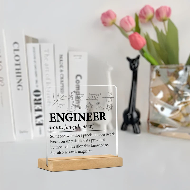 Euroselle Minimalist Flat Acrylic Nameplate With Wooden Stand for Desk and Shelf Decor