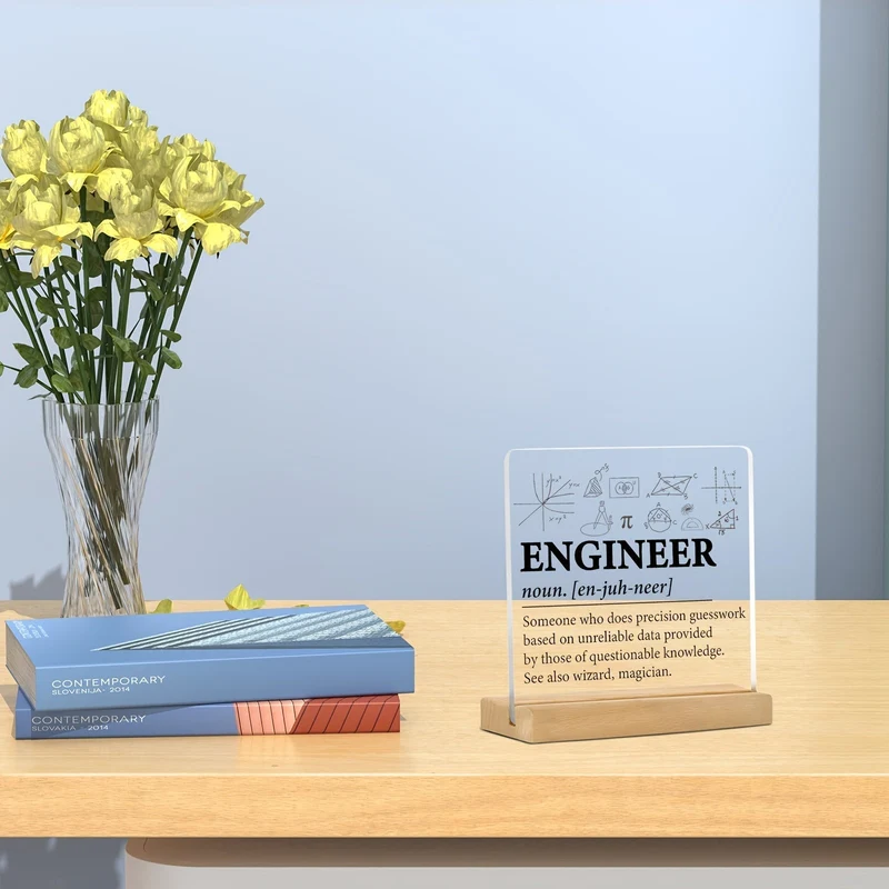 Euroselle Minimalist Flat Acrylic Nameplate With Wooden Stand for Desk and Shelf Decor