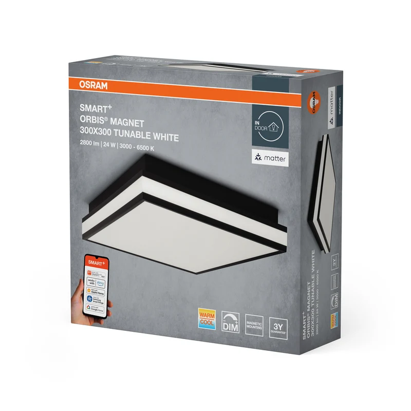 OSRAM Matter SMART+ ORBIS MAGNET LED Deckenleuchte 30x30cm Tunable Weiß 26W / 3000-6500K schwarz