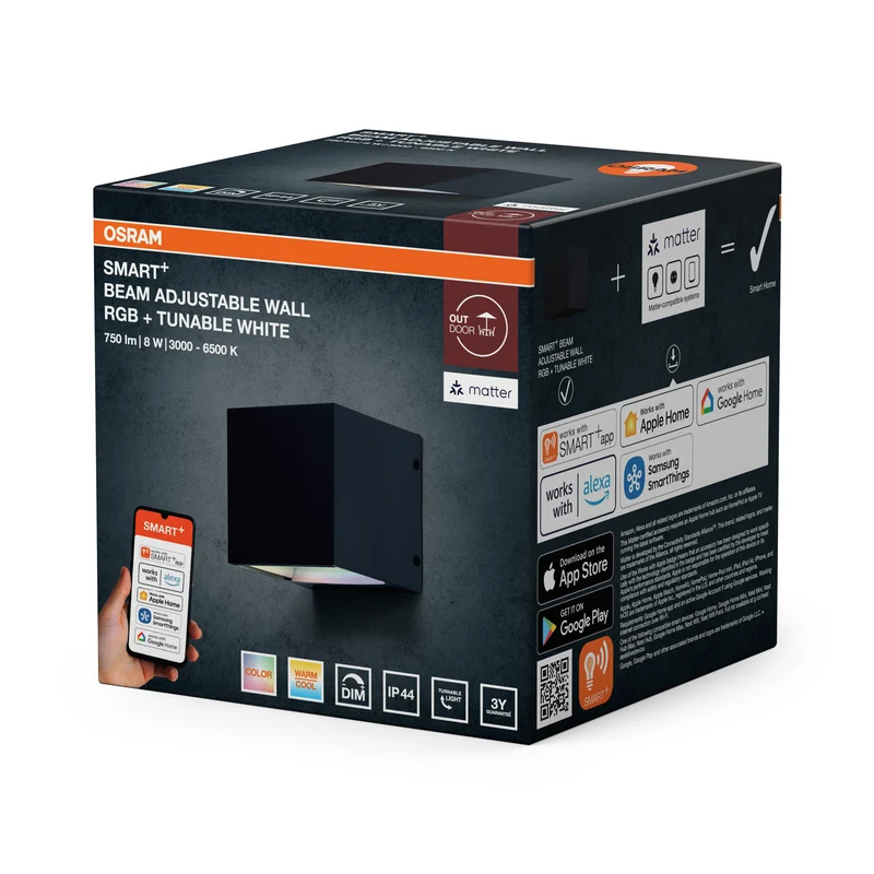 OSRAM SMART+ Matter Adjustable Beam LED Wandleuchte Schwarz, 8W, 320lm, RGB+TW 3000-6500K, WiFi, Alexa, IP44 Außen