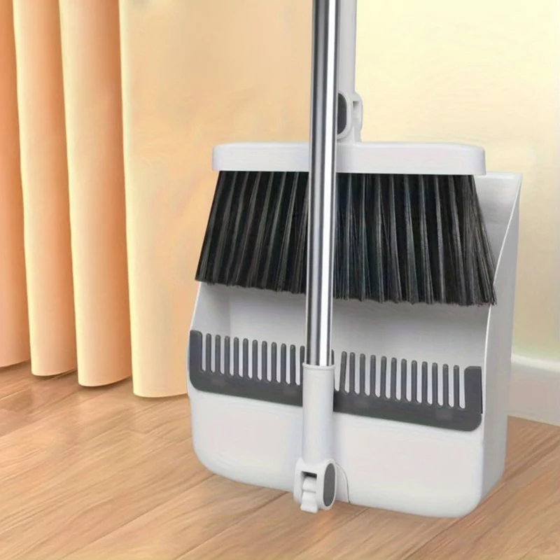 Euroselle Rotatable Long-Handle Broom And Dustpan Set With Built-In Comb Teeth