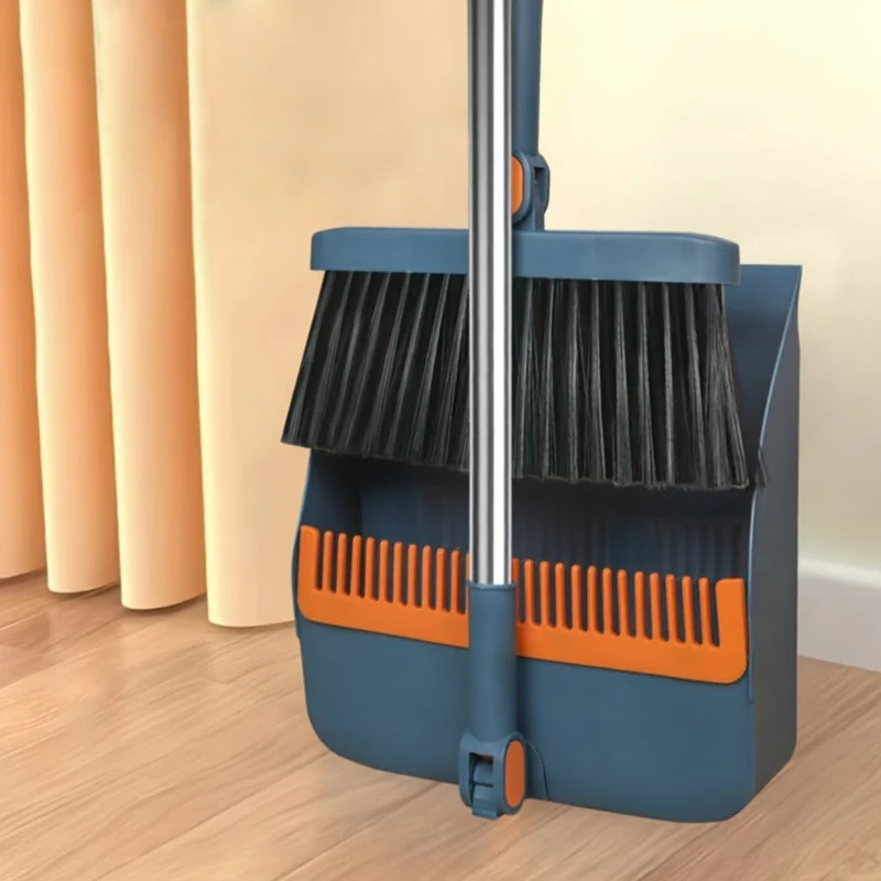 Euroselle Rotatable Long-Handle Broom And Dustpan Set With Built-In Comb Teeth
