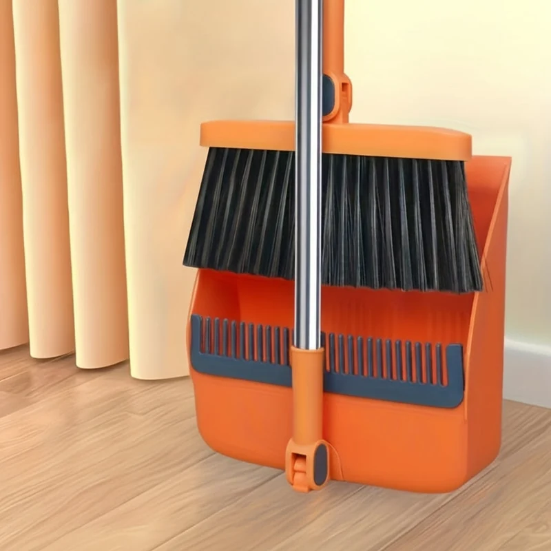 Euroselle Rotatable Long-Handle Broom And Dustpan Set With Built-In Comb Teeth