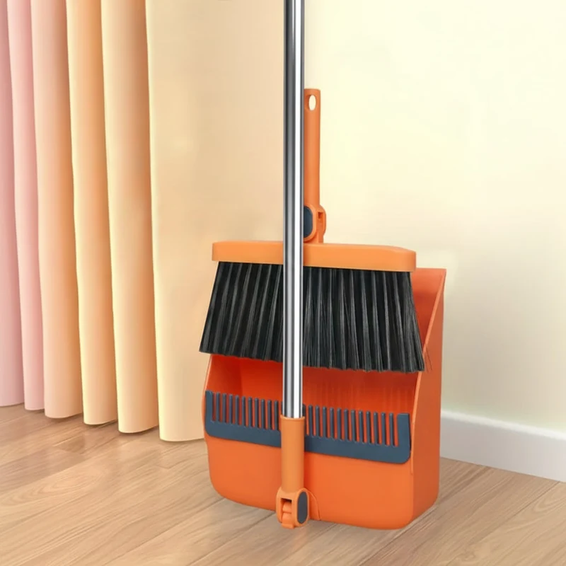 Euroselle Rotatable Long-Handle Broom And Dustpan Set With Built-In Comb Teeth