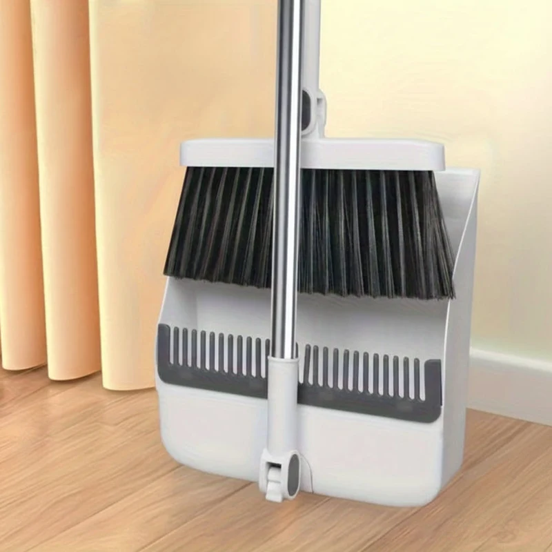 Euroselle Rotatable Long-Handle Broom And Dustpan Set With Built-In Comb Teeth