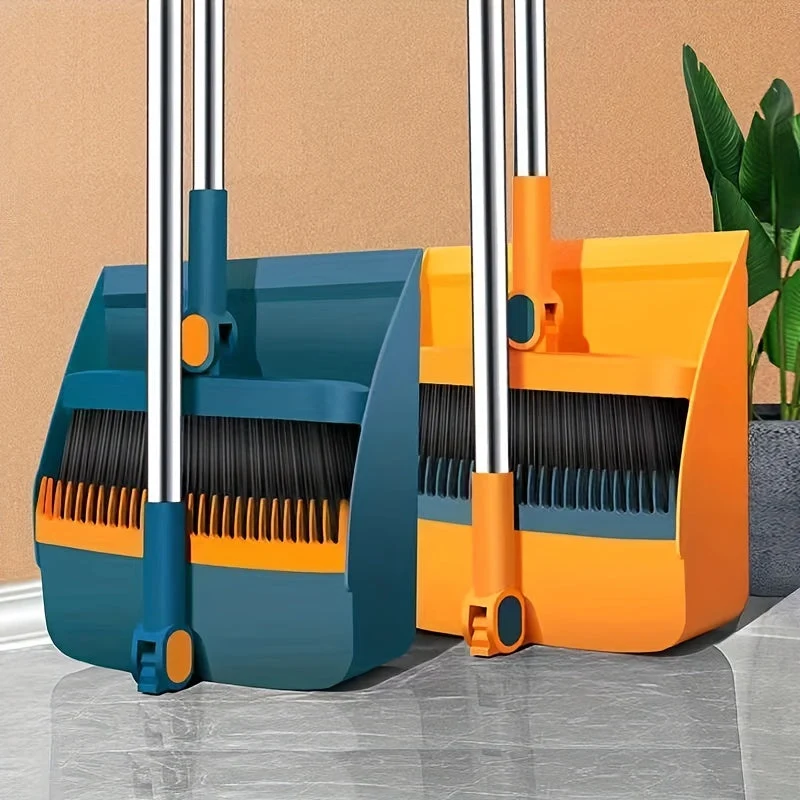 Euroselle Rotatable Long-Handle Broom And Dustpan Set With Built-In Comb Teeth