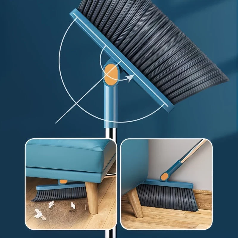 Euroselle Rotatable Long-Handle Broom And Dustpan Set With Built-In Comb Teeth