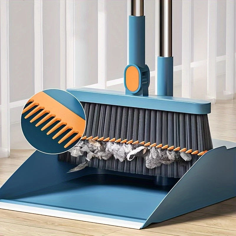 Euroselle Rotatable Long-Handle Broom And Dustpan Set With Built-In Comb Teeth