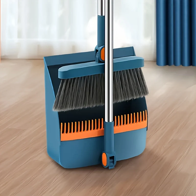 Euroselle Rotatable Long-Handle Broom And Dustpan Set With Built-In Comb Teeth