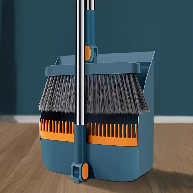 Euroselle Rotatable Long-Handle Broom And Dustpan Set With Built-In Comb Teeth