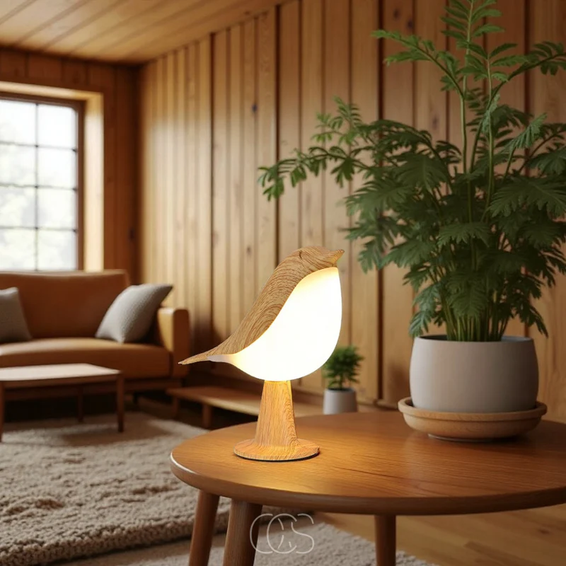 Euroselle Wireless Warm Light Wooden Bird Table Lamp For Home Decor