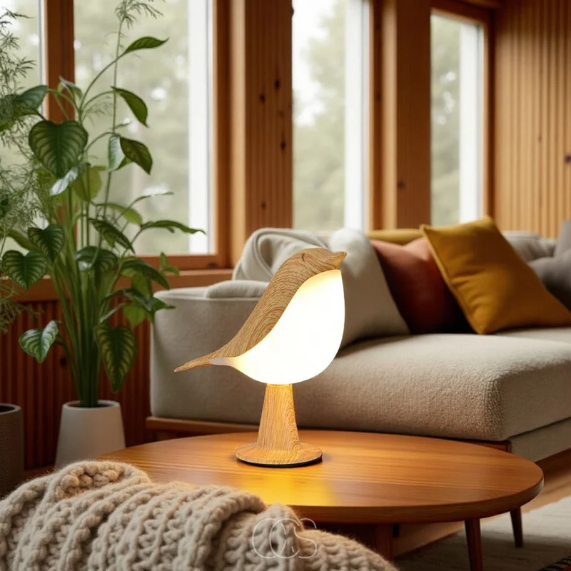Euroselle Wireless Warm Light Wooden Bird Table Lamp For Home Decor