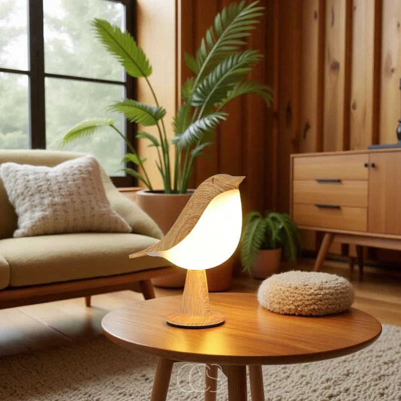 Euroselle Wireless Warm Light Wooden Bird Table Lamp For Home Decor