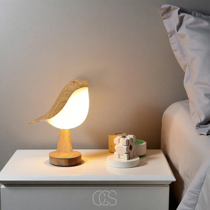 Euroselle Wireless Warm Light Wooden Bird Table Lamp For Home Decor