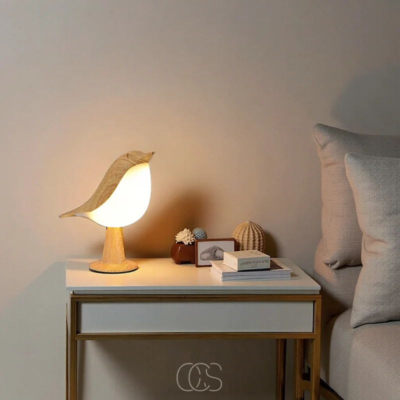 Euroselle Wireless Warm Light Wooden Bird Table Lamp For Home Decor