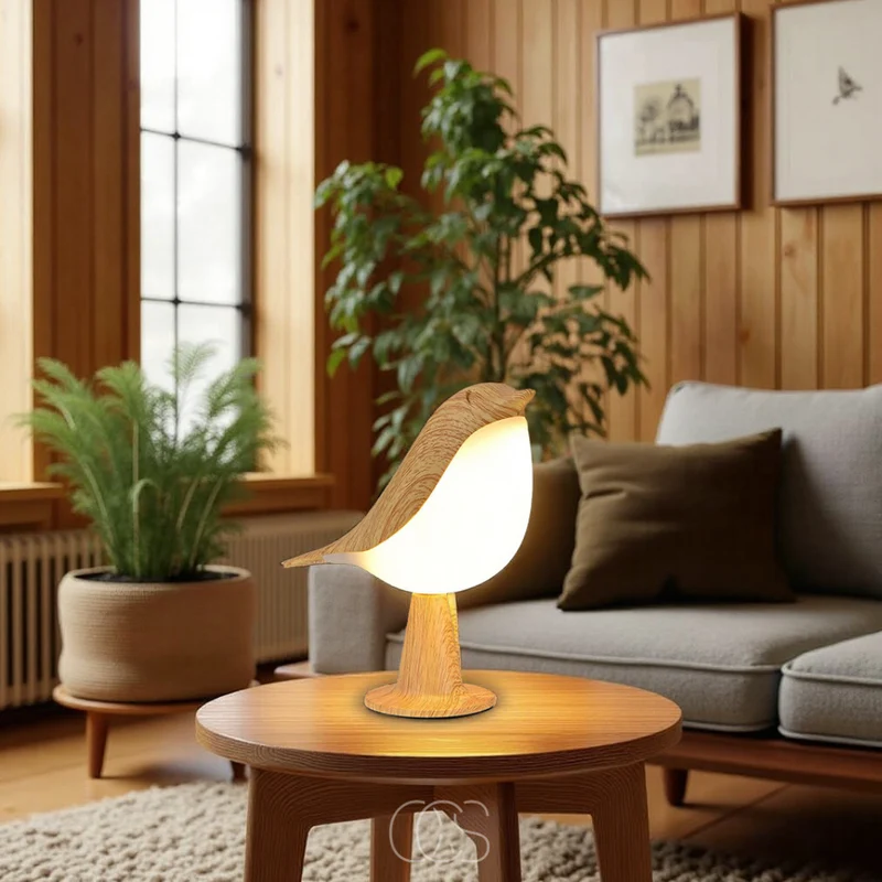 Euroselle Wireless Warm Light Wooden Bird Table Lamp For Home Decor