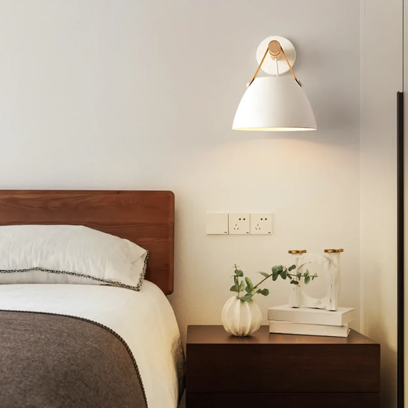 Euroselle White Cone Shade Wall Light With Leather Strap LED Indoor Fixture