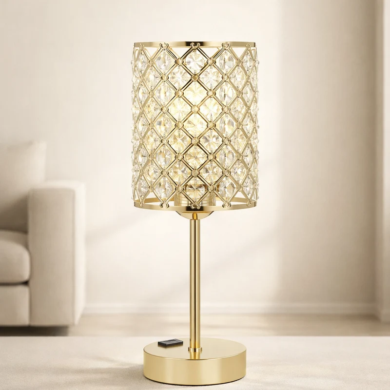 Euroselle Crystal Table Lamp With Gold Base, USB Ports And Touch Dimming, 5.1 x 15.7